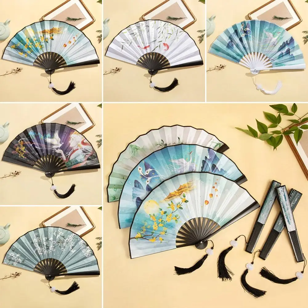 High Quality Silk Vintage Folding Fan Bamboo Colorful Hand Fan Tassel Elegent Hand Fan Shank Classical Dance Fan Home Decoration