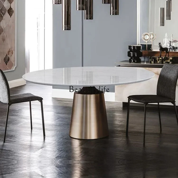 

ld14 Minimalist Natural Luxury Stone Dining Table Round Stainless Steel Dining Table Modern Simple Small Apartment