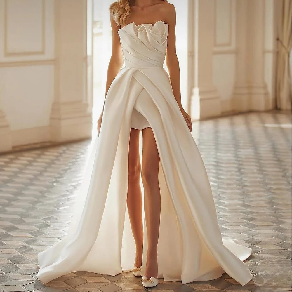 

Bowith Boho Wedding Dresses Hi-Lo Gorgeous Satin свадебное платье Pleats Customized Strapless vestidos de novia Bridal Dresses