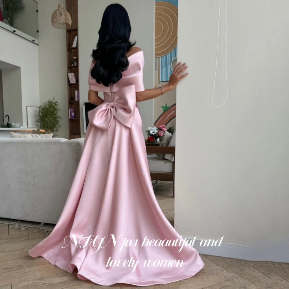 NFYN الوردي فساتين لحضور الحفلات الموسيقية الأنيقة قبالة الكتف ضفائر يزين فستان الحفلات الساتان ثلاثية الأبعاد القوس حورية البحر فساتين السهرة حسب الطلب #4
