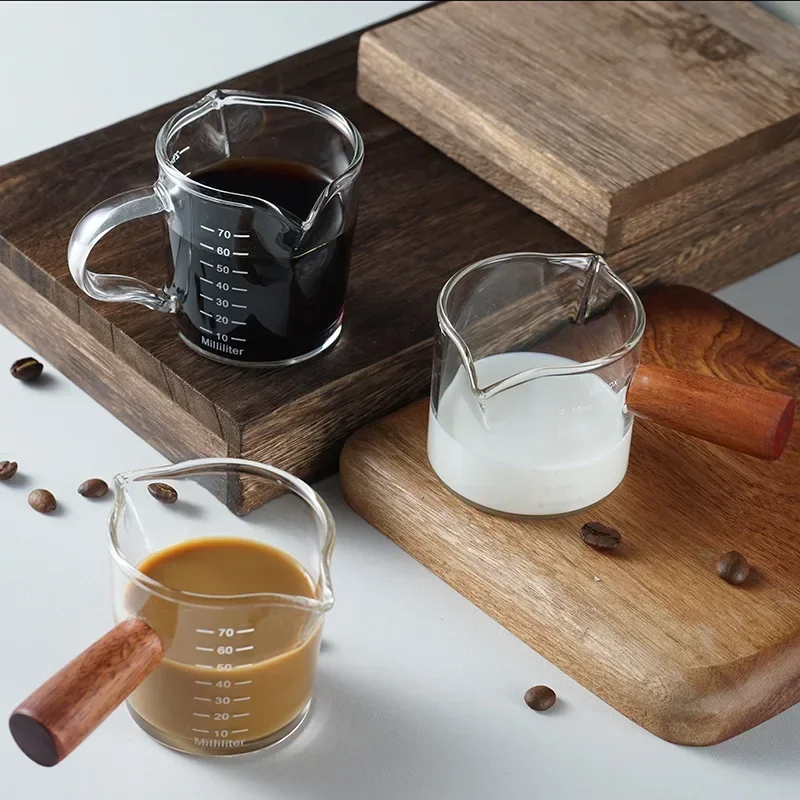 

50/75/100ML Espresso Glass Cup Wooden Handle Measuring Cup Milk Latte Jug Coffee Supplies Kitchen Mug Drinkware Double Bottom