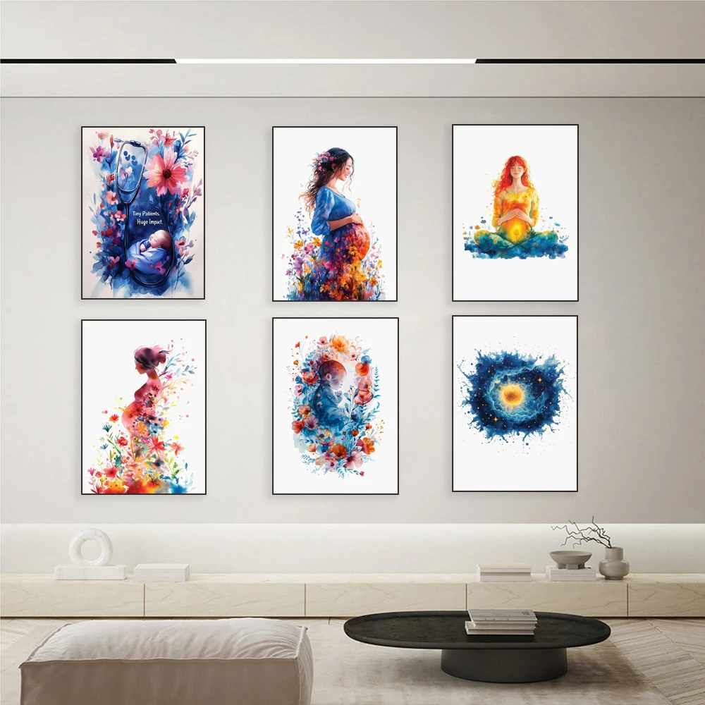 Pregnancy watercolor painting, pregnancy goddess, sperm egg fertilization printing, midwife delivery accompanying poster