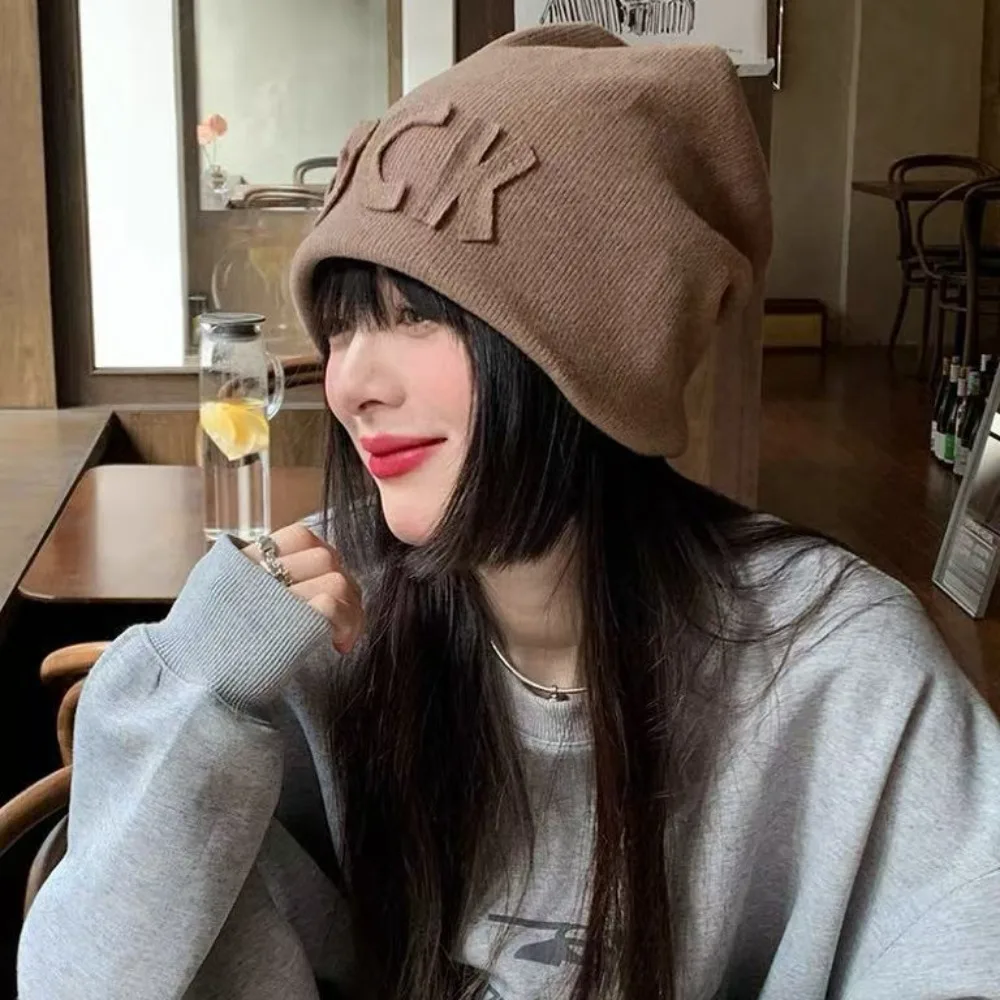 Polyester Fiber Women Beanie Hat Korean Japanese Style Soft Knit Fabric Slouchy Stack Cap Letter Embroidery Pull On Hat Daily