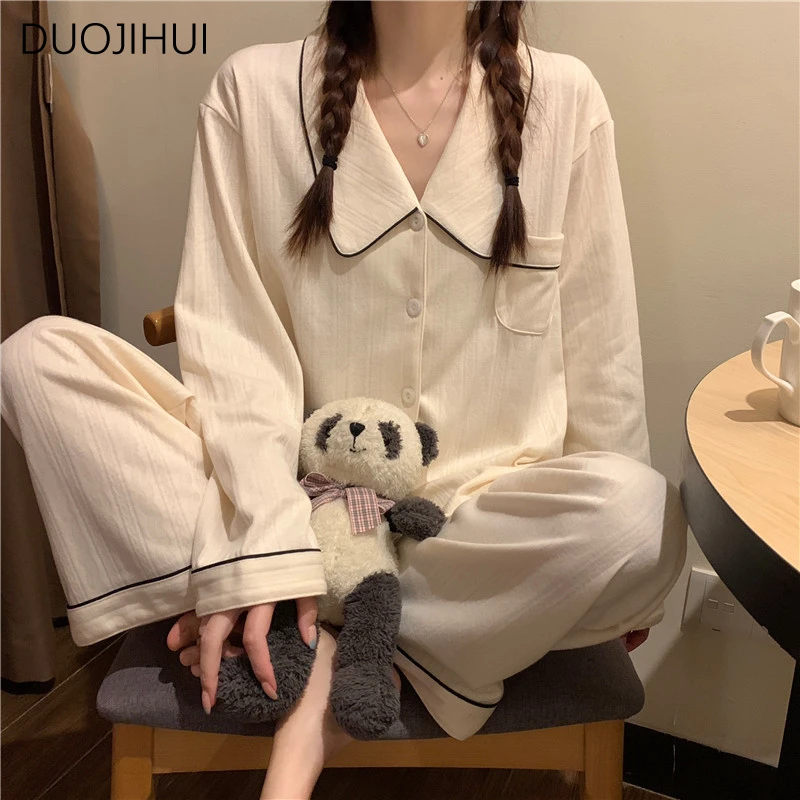 DUOJIHUI Two Piece Basic Pocket Loose Female Pajamas Sets Chic Button Cardigan Simple Pant Fashion Casual Home Pajamas for Women