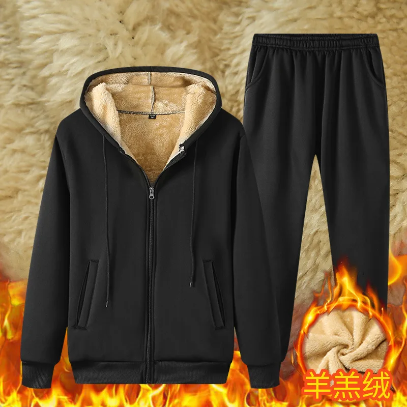 Autumn Winter Men's Sports Zipper Tracksuits Padded Jacket Sweatshirt And Pants Two Piece Sets Male Fleece Lamb Wool Warm Suit