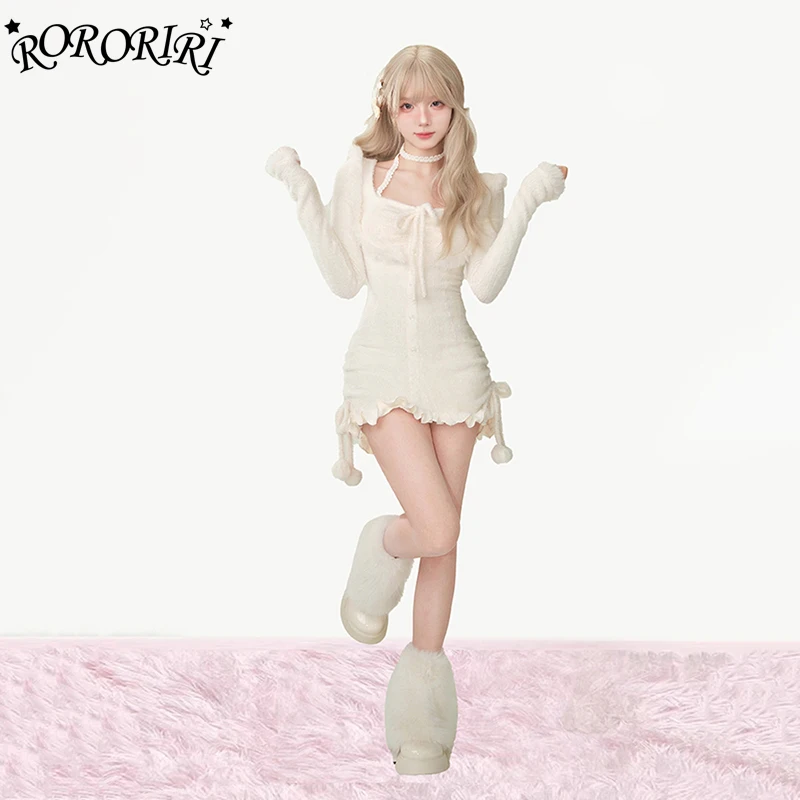 RORORIRI Lolita White Plush Knit Mini Dress Women Winter Pom Pom Drawstring Bowknot Backless Bodycon Frill Trim Desire One-piece