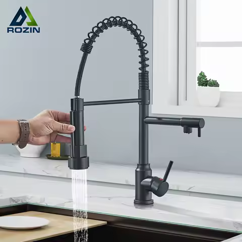 Black Kitchen Faucet With Pull Down Spring Sprayer Deck Mounted Hot and Cold Water Mixer Tap Dual Spout Nozzle Faucets Crane