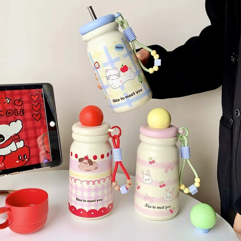 Sleek Covered Insulated Water Bottle for Women, 316 Stainless Steel, Cute Tea Cup for Students Going to School