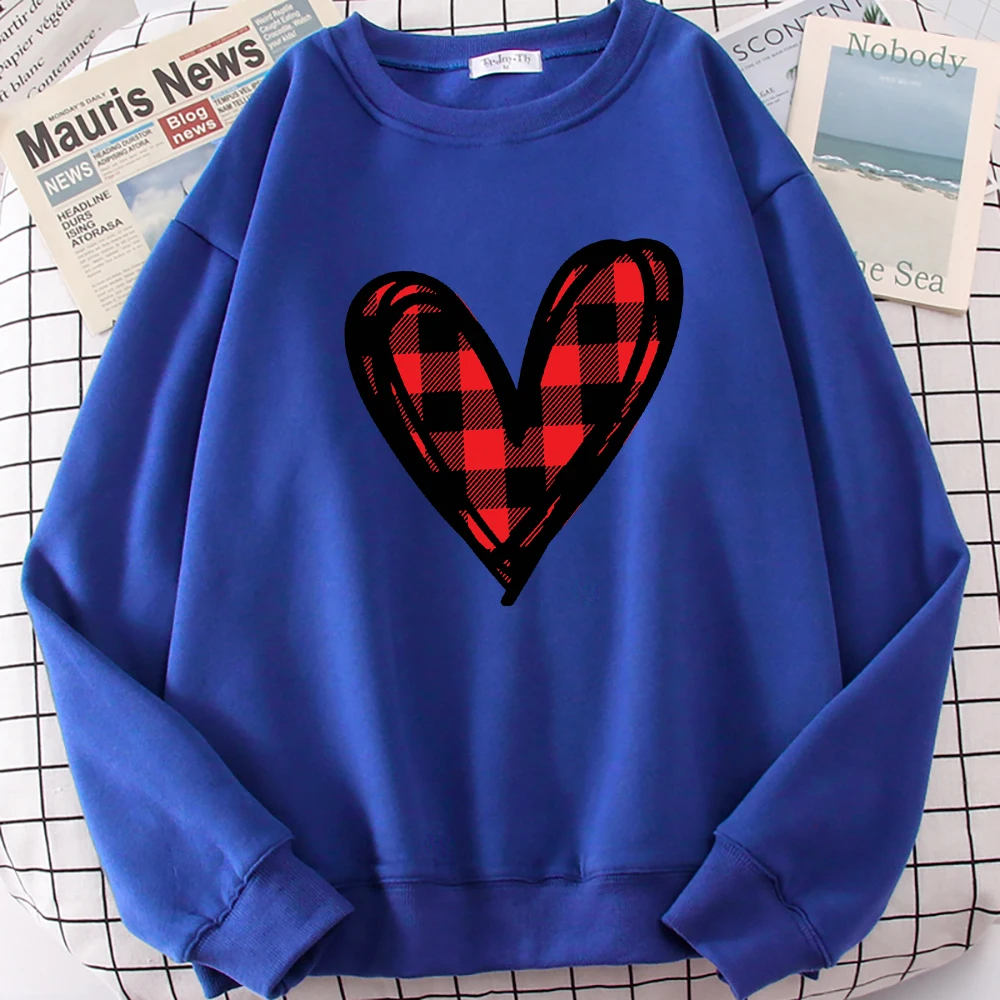 Red Chess Grid Heart Personality Design Women Sweatshirt Fashion Warm Pullovers Casual Loose Streetwear Fleece Female Clothing