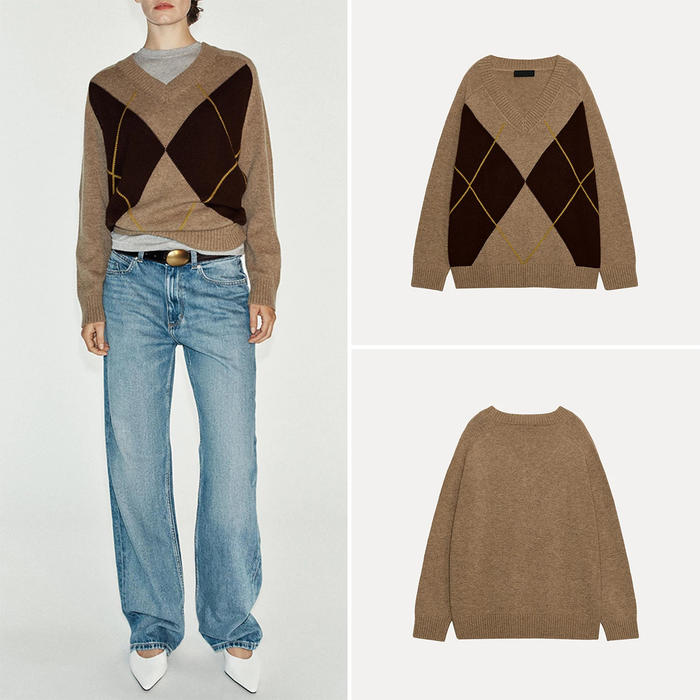 2026 New Women's Fashion Personality Long Sleeve V-neck Diamond Pattern Knitwear Autumn Season Stylish Matching Top