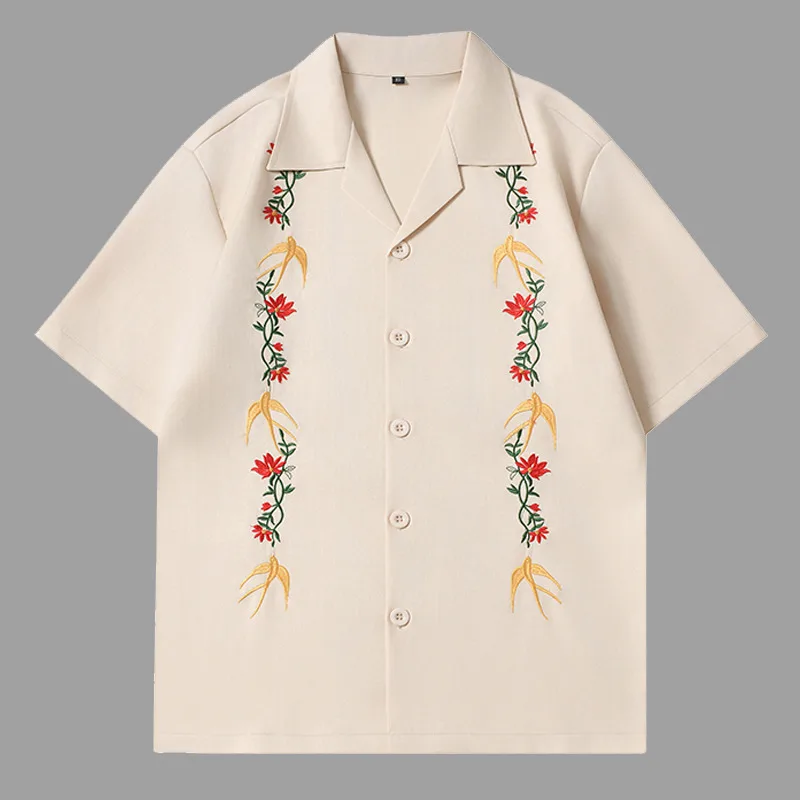 

Casual Shirt Black Beige Shirt Party Dress Shirts Flower Embroidery Shirts Men Camisa Social Masculina Short Sleeve Men Clothing