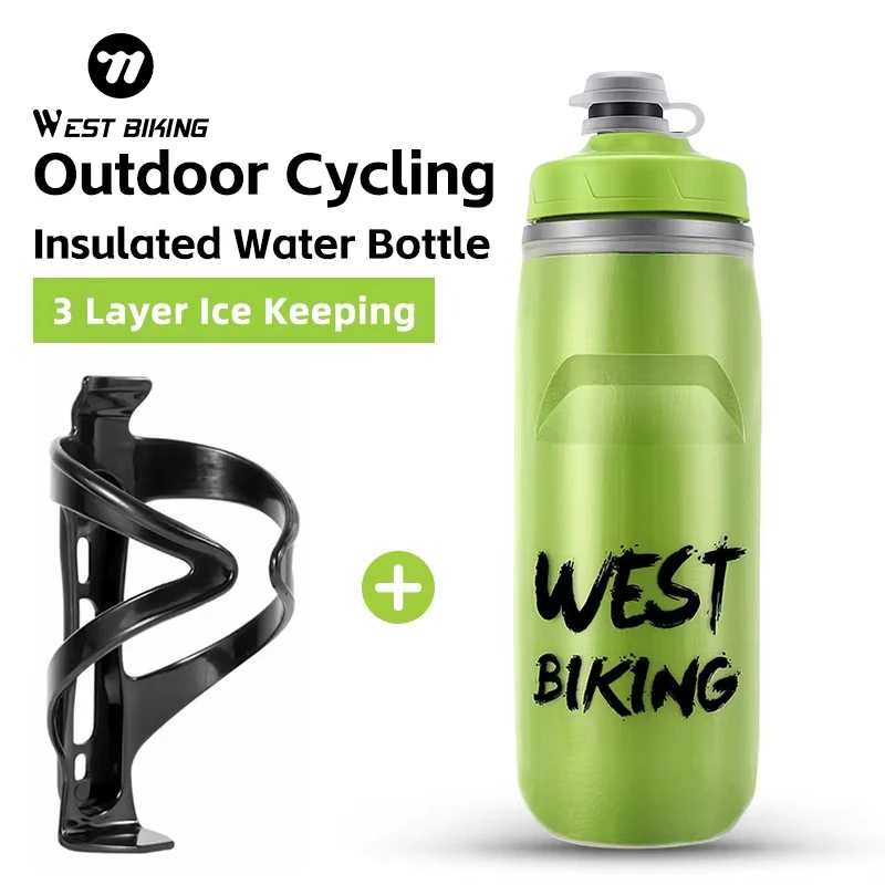 WEST BIKING Insulated Water Bottle PP5 Heat/Cold Preservation Bike Water Bottle With Holder Cage 620ML Running Fitness Cycling