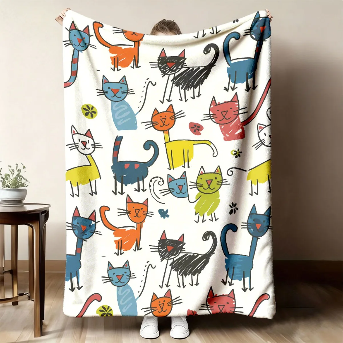 Cozy Cartoon Cat Print Throw Blanket for Sofa Lap Blanket Pet Lover Gift Nursery Home Decor Decoration