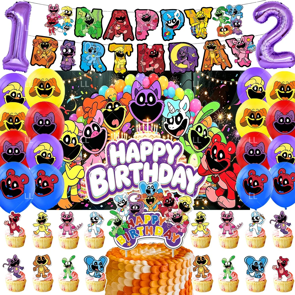 Smilings Critters Ballons Dekoration Cartoon-Tier-Banner Teller Becher Tortendekoration Geburtstagsparty-Zubehör Fotografie-Requisiten – Detail 1