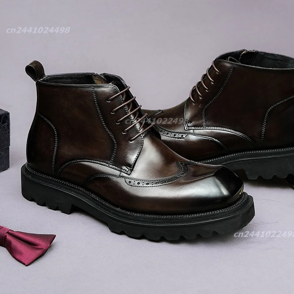 Brogue Square Toe Lace Up Men Ankle Boots Side Zipper Thick Sole Ankle Boots, Pull Tab Detail Dress Footwear Daily Occasions