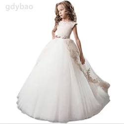 Fluffy White Flower Girl Dress For Wedding Jewel Neck Tulle Kids Ball Gowns Birthday Party Pageant First Holy Communion Wear