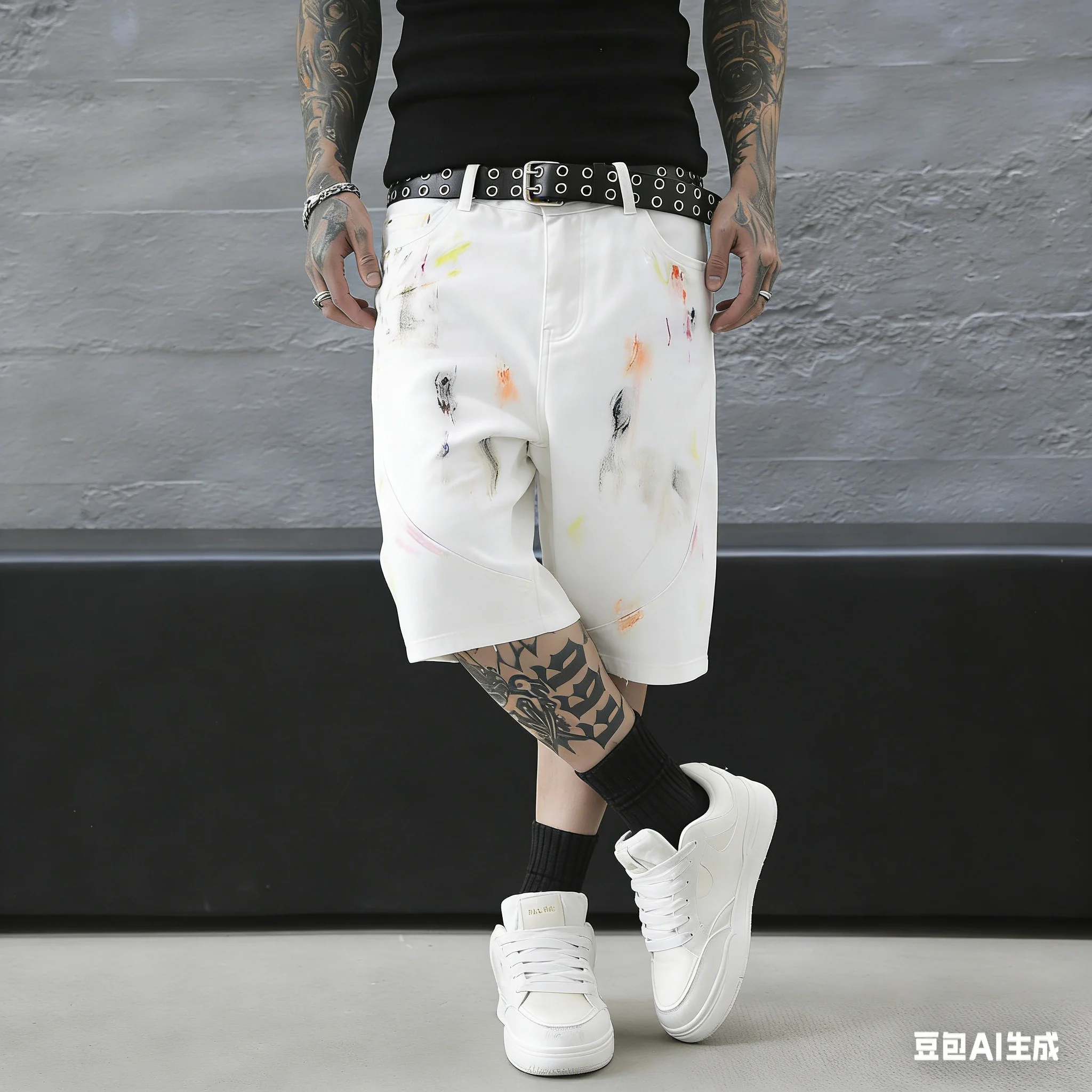 New Men's White Splash Ink Denim Shorts,Y2K Streetwear Ripped Frayed Hem 5 Inch Casual Baggy Jorts Trendy Loose Fit Summer Pants