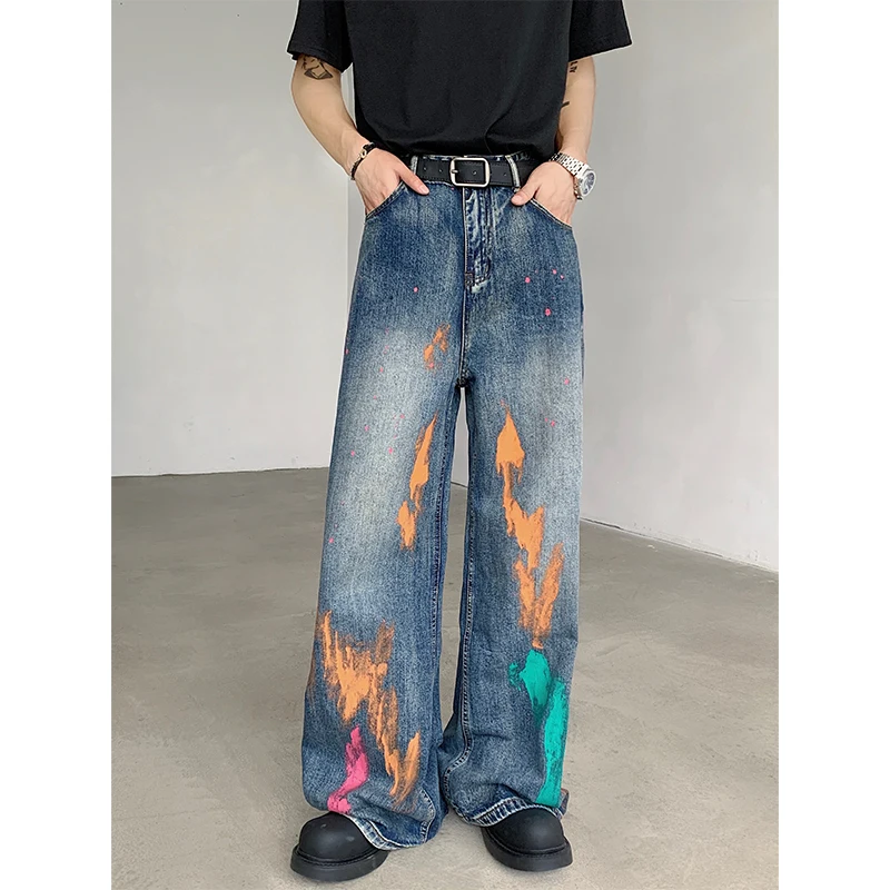 Niche Design American Style Men's Wear Denim Pants Painting Straight Trousers Wide Leg Loose Male Jeans 2024 Autumn Tide