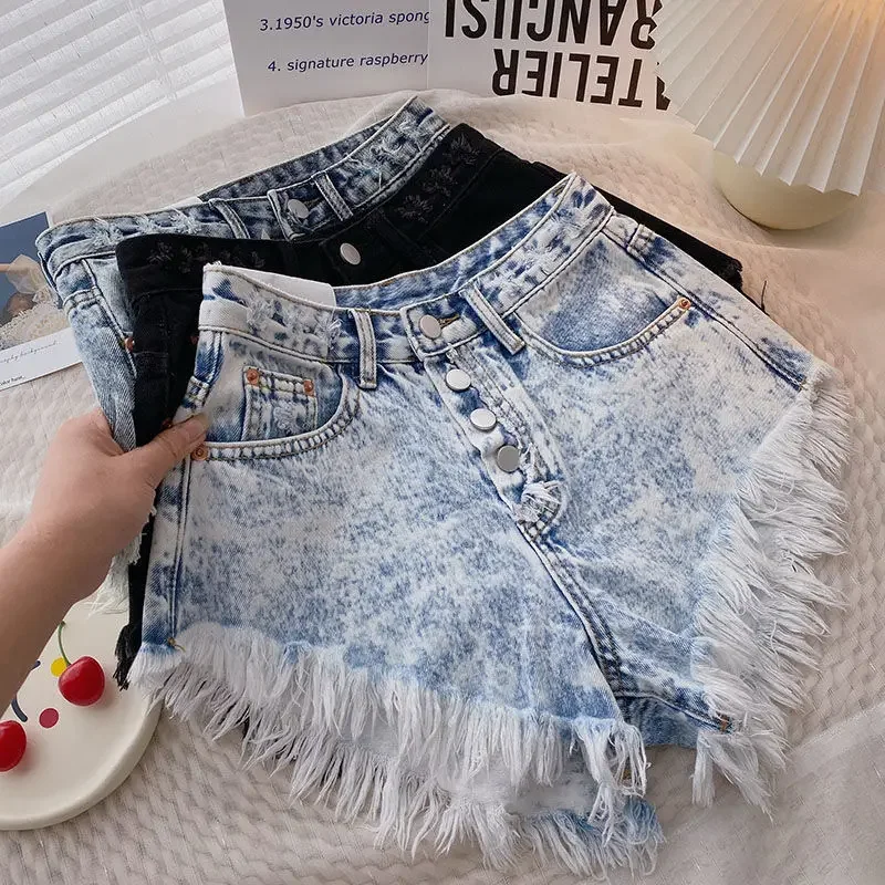 Button Tassel Edge Denim Shorts for Women's Summer High Waisted Gradient Wide Leg Pants Jeans Y2k Shorts