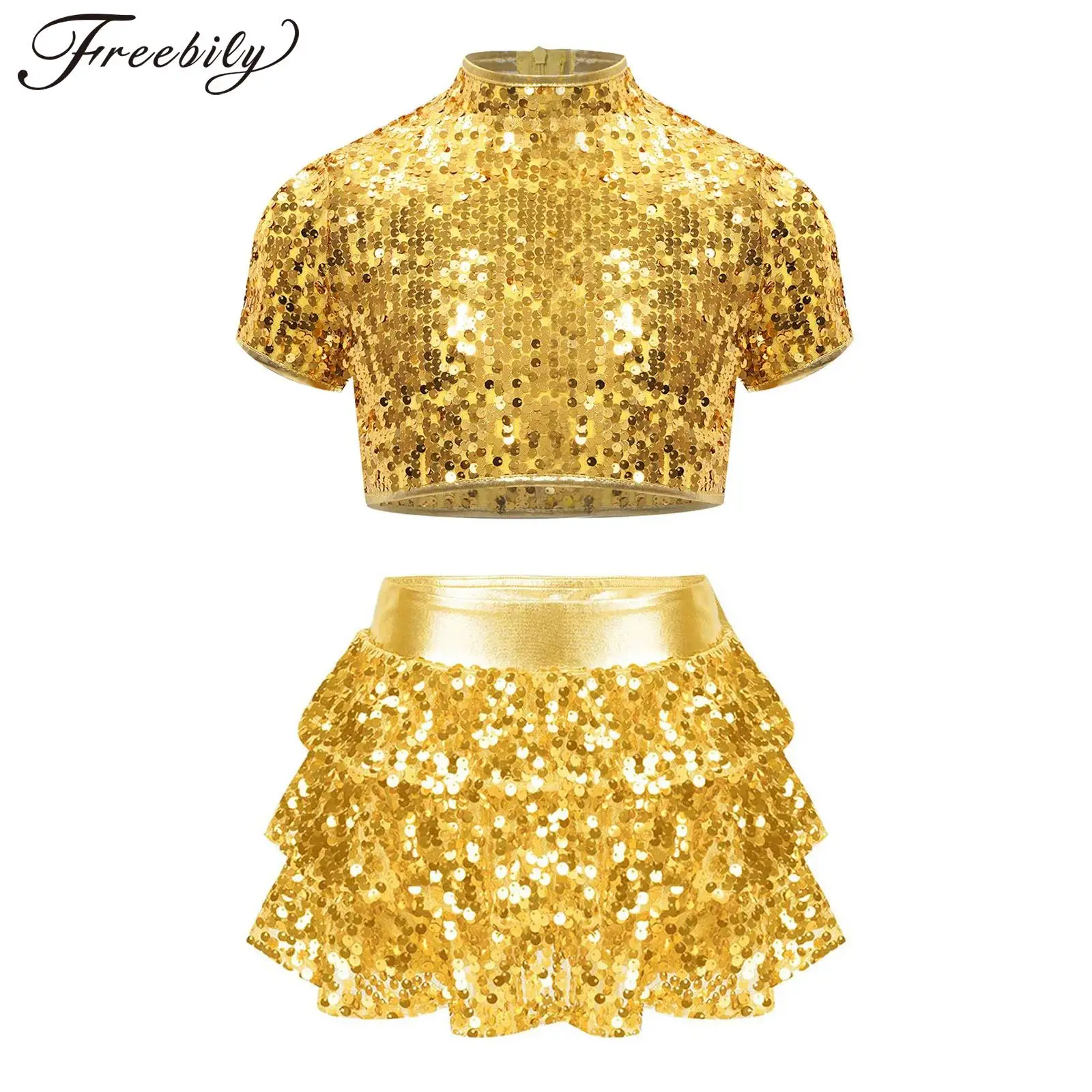 ילדים בנות מנצנצים מפייפים ג 'אז לטקס ריקוד ג' אז ליבול מתכתי עם חצאית raple tiled