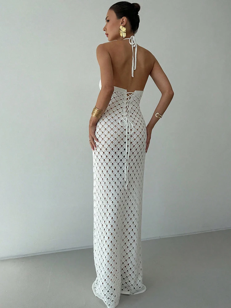 ByeMyLove ถัก Sheer Bodycon Maxi ชุด Hollow Out & Halter คอ, เซ็กซี่ชุดยาวสําหรับชุดราตรี Beachwear