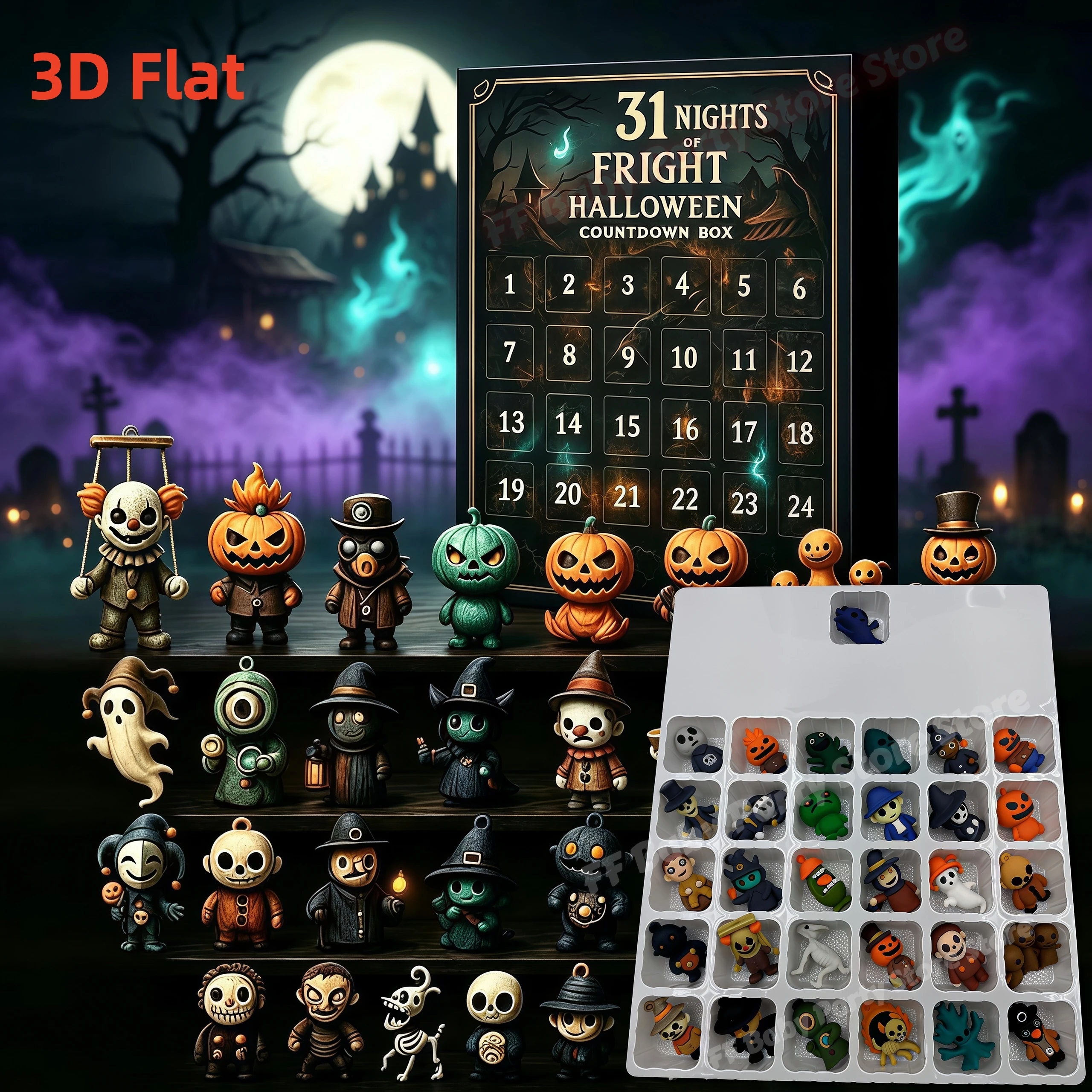 3D Halloween-Adventskalender 2026 31 Nächte des Schreckens Halloween-Countdown-Box mit 31 Mini-Gruselfiguren Halloween-Party-Geschenk