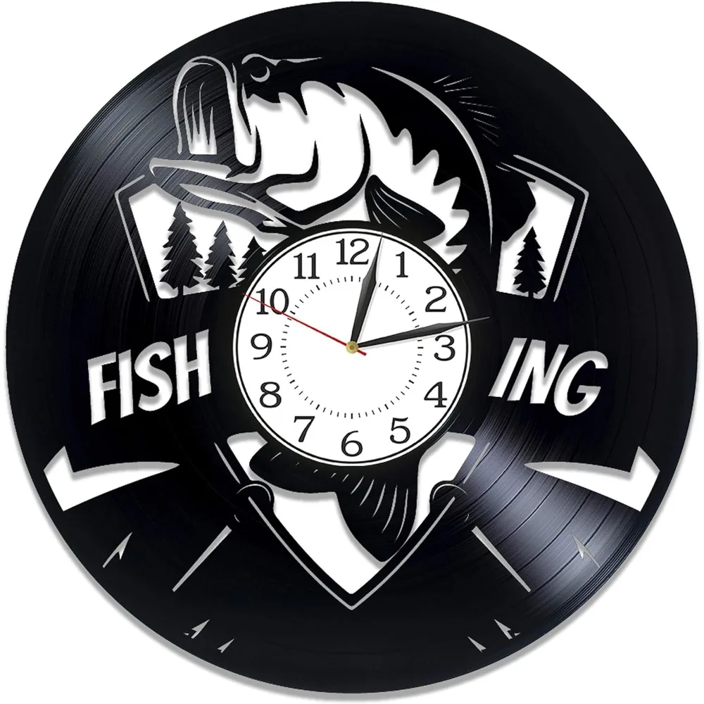 Fishing Vinyl Clock 12 Inch for Boyfriend Fishing Gift Idea for Him Hobby Original Home Decor Fishing Vinyl Record Wall Clock