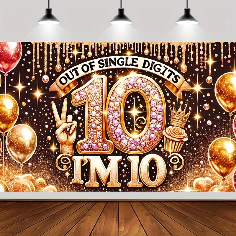 Glänzendes Banner zum 10. Geburtstag – goldenes und rosafarbenes Edelsteindesign, Partyhintergrund aus Polyesterfaser, Fotografie-Requisiten