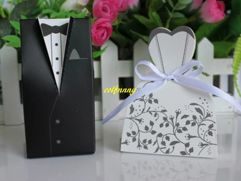 

100pcs (50 bride+50 groom) Free shipping Wedding Candy Box Bride And Groom Paper Candy Box Wedding Favor Gift Boxes