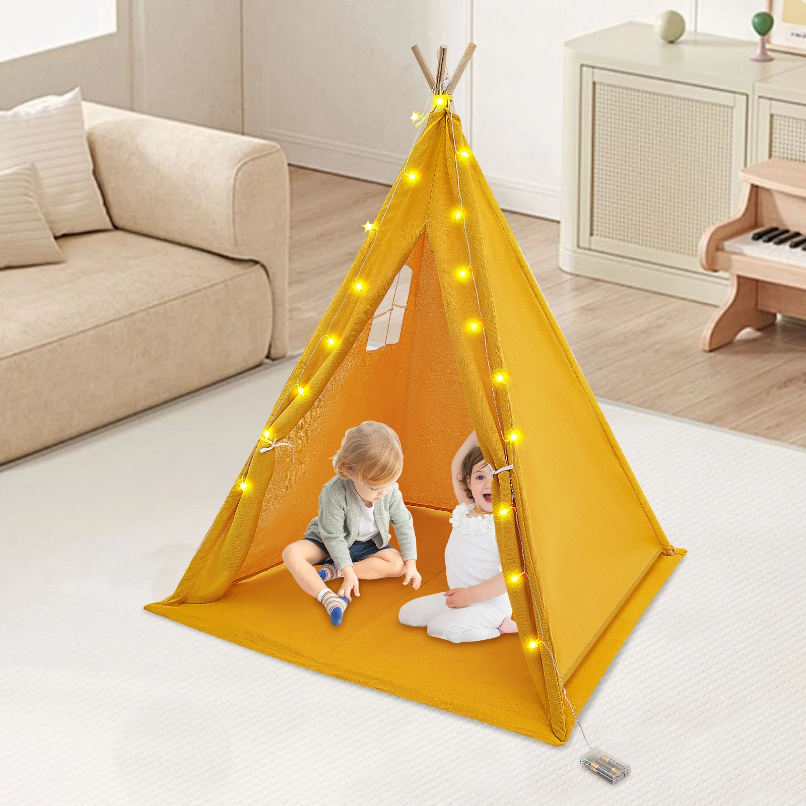 Tipi-Zelt für Kinder – Spielzelt aus 100 % Baumwolle und Leinen mit gepolsterter Matte und Sternlichtern, faltbares Indoor-Spielzelt für Mädchen und Jungen – Detail 2