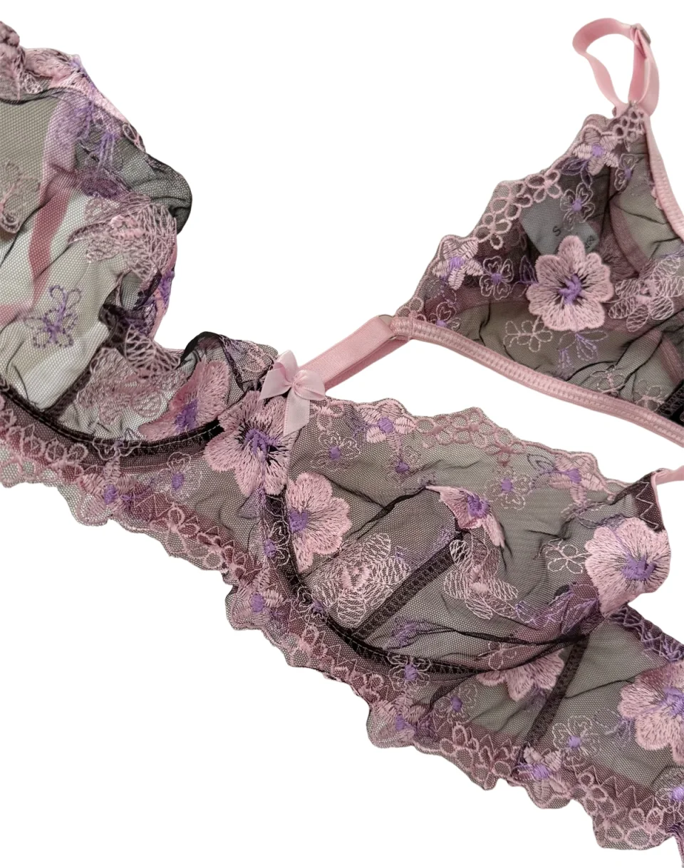 

KUCLUT Pink embroidered flowers underwear sexy lingerie thin breathable top support large breasts show small bra set
