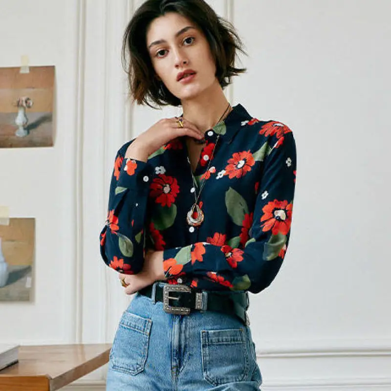 Women Spring Fashion Trend Printing Chiffon Polo-Neck Long Sleeve Shirts Women Clothes Casual All-match Appear Thin Floral Tops