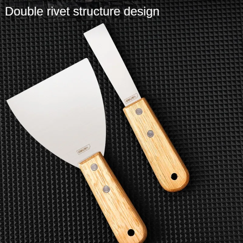DELI 2PCS Putty Knife with Wood Handle Stainless Steel Scraper Blade Cleaning Shovel Knife Putty Spatula Mud Construction Tool