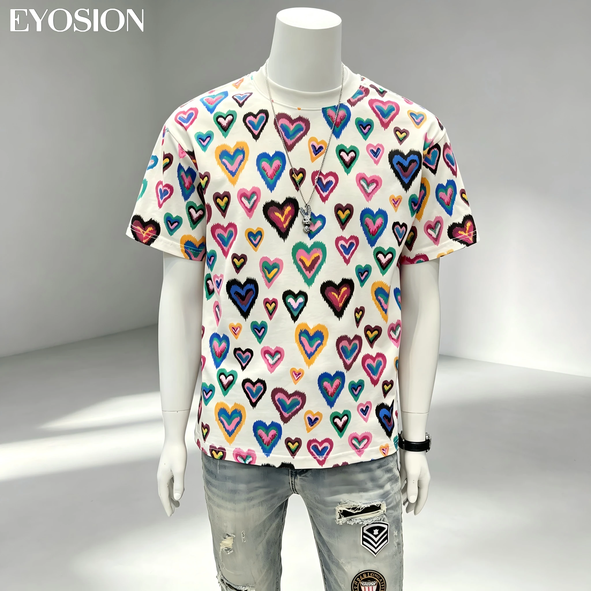 Summer Men Short Sleeved T-shirt Heart Printed High Quality Cotton Round Neck American Retro Trendy 2026 New Casual Tee Top 4XL