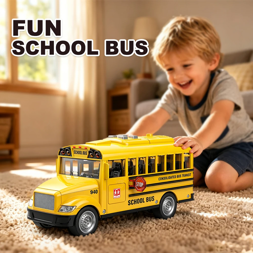 Large Yellow American School Bus Toy With Light Sound Story Music Inertia Friction Powered Car Openable Door Stop Sign Simulatio