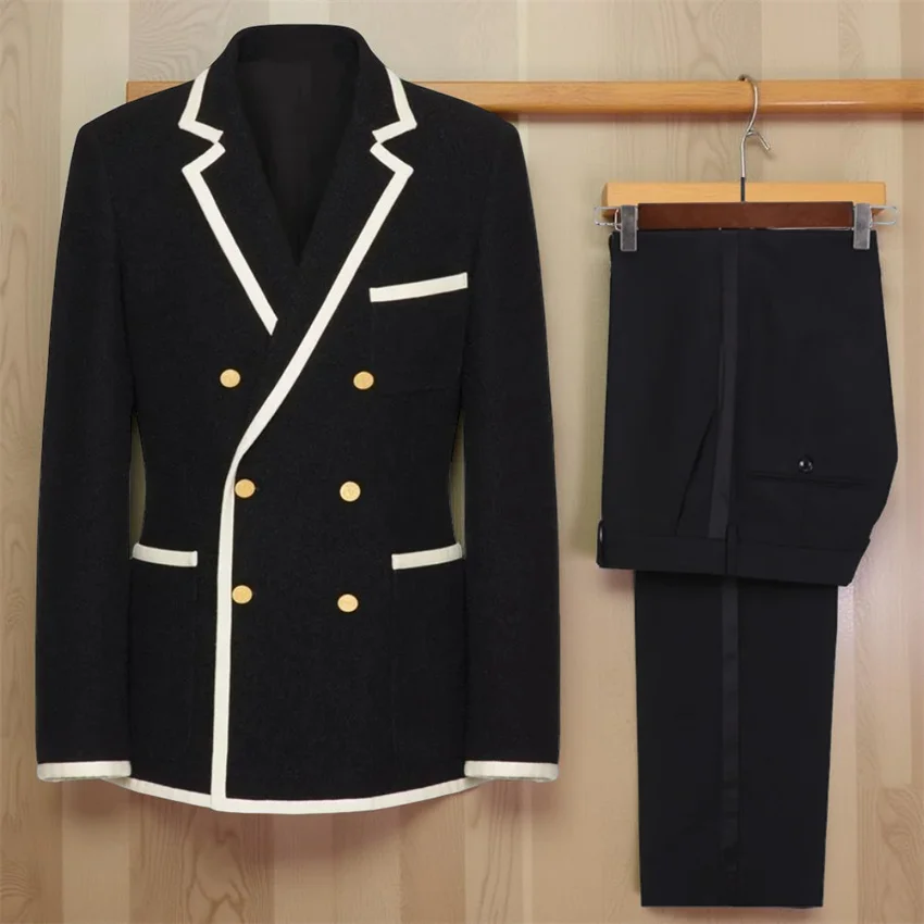 

Двубортные мужские костюмы для выпускного вечера с белыми краями и лацканами, свадебный смокинг, комплект из 2 предметов, мужской костюм для жениха, куртка, брюки