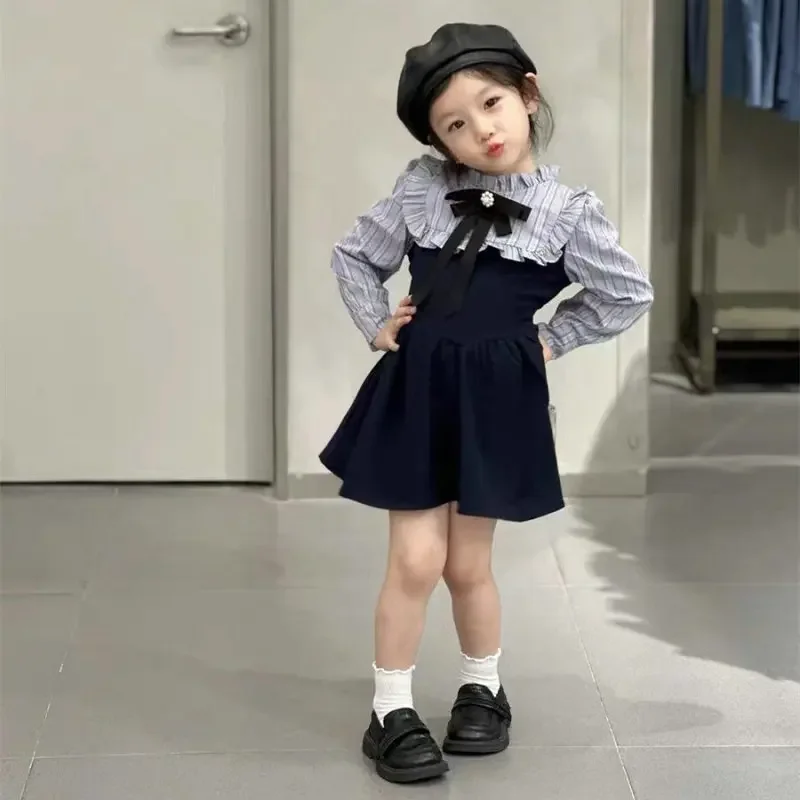 Girls Dress 2024 Summer New Korean Casual and Comfortable Sweet Striped Dress Campus Style Fashion Loose Girls Clothing