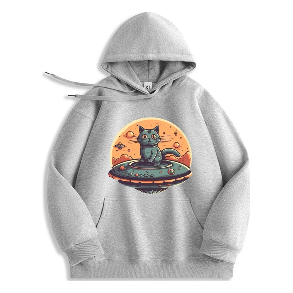 Gato Ufo Gráfico Hoodie Casual Fibra de Poliéster Tops Soltos Moletom de Manga Longa Para Homens Design de Luxo ​ ​