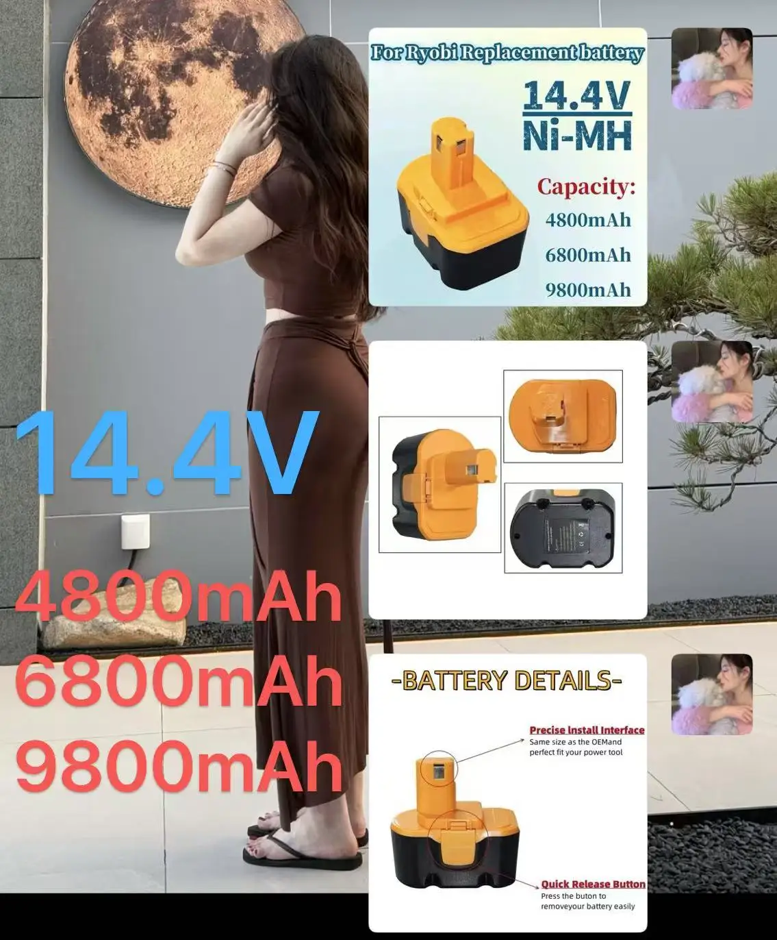 

14.4V NI-MH 4800/6800/9800mAh Batterie For Ryobi Replacement battery for Cordless Drill R10521 RY6201 RY6202 130224010 130224