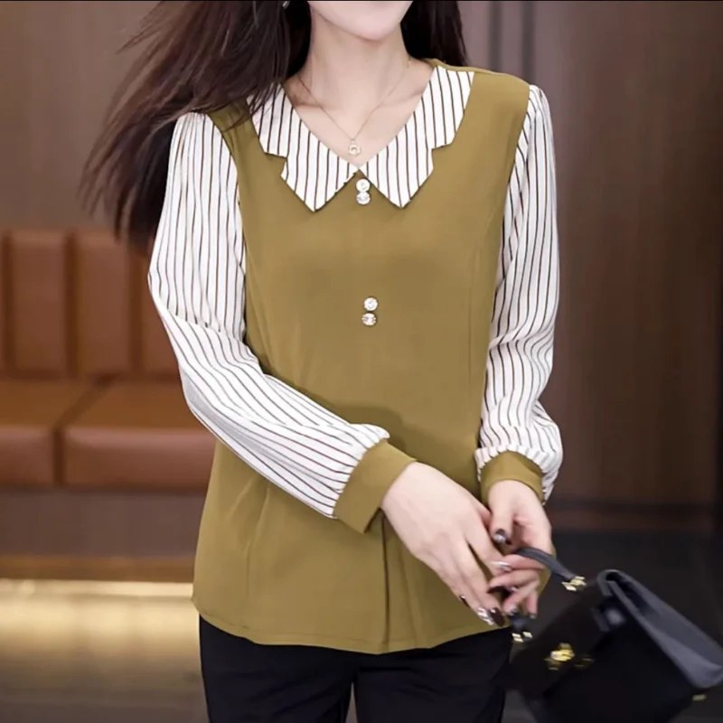 Women Korean Fashion Striped Patchwork Blouse Elegant Long Sleeve Slim Shirt Spring Autumn Casual Commute Tops Blusas Para Mujer