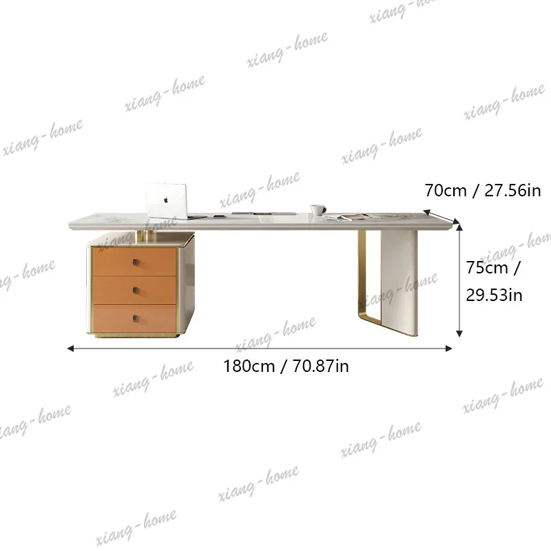 Modern Sintered Stone Desk with Drawer Storage Cabinet and Metal Legs, Contemporary Writing Table for Home Office or Study