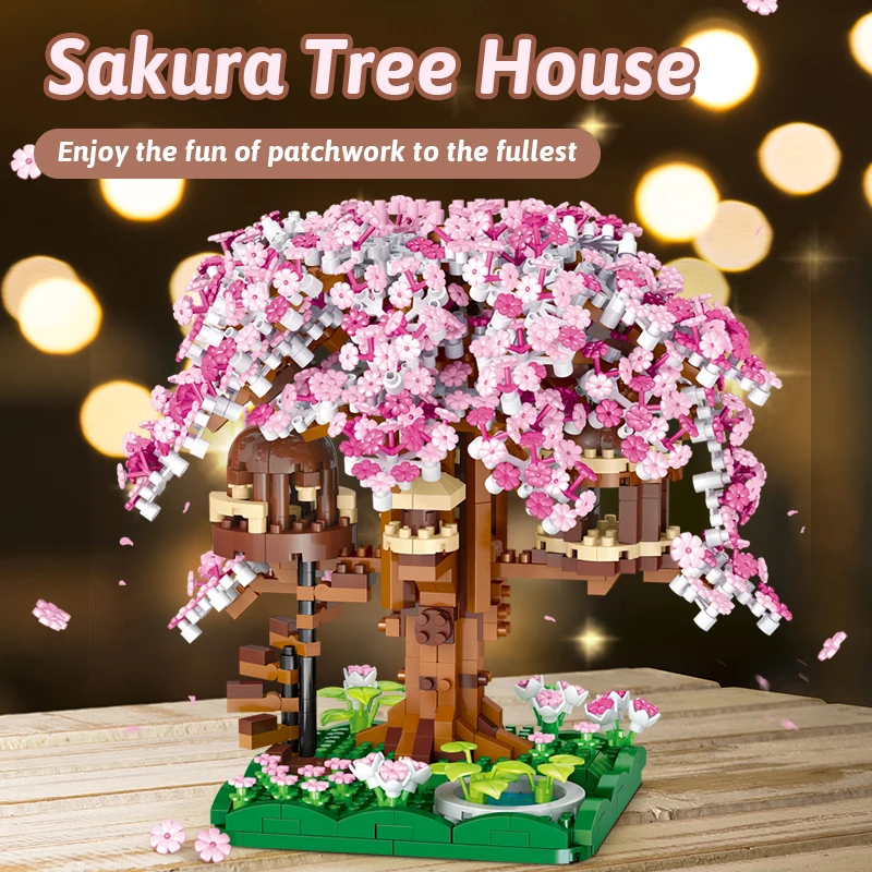 Building block toy pink cherry blossom treehouse rainbow treehouse building block children's parent-child assembly toy