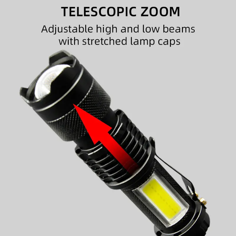 Mini LED Flashlight XPE COB Lamp Bead Rechargeable Double Light Source Emergency Flashlight for Hiking Camping Fishing