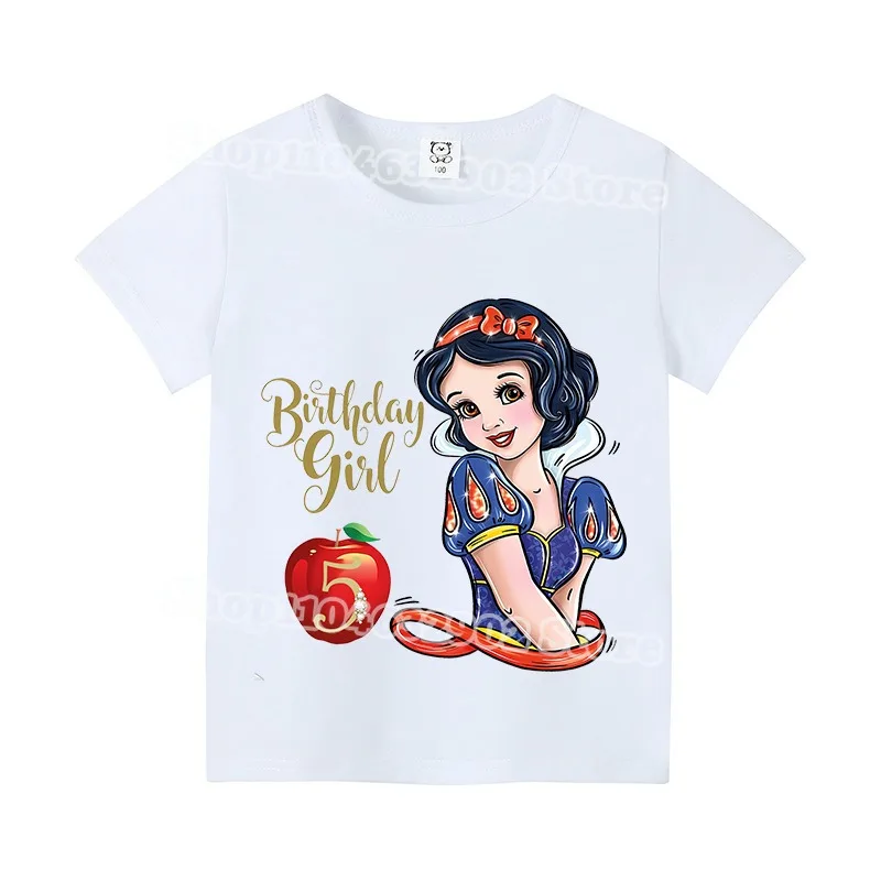 Branca de neve crianças camiseta meninas bonito manga curta 1-9 anos de idade aniversário t camisas de algodão roupas de verão criança moda topos