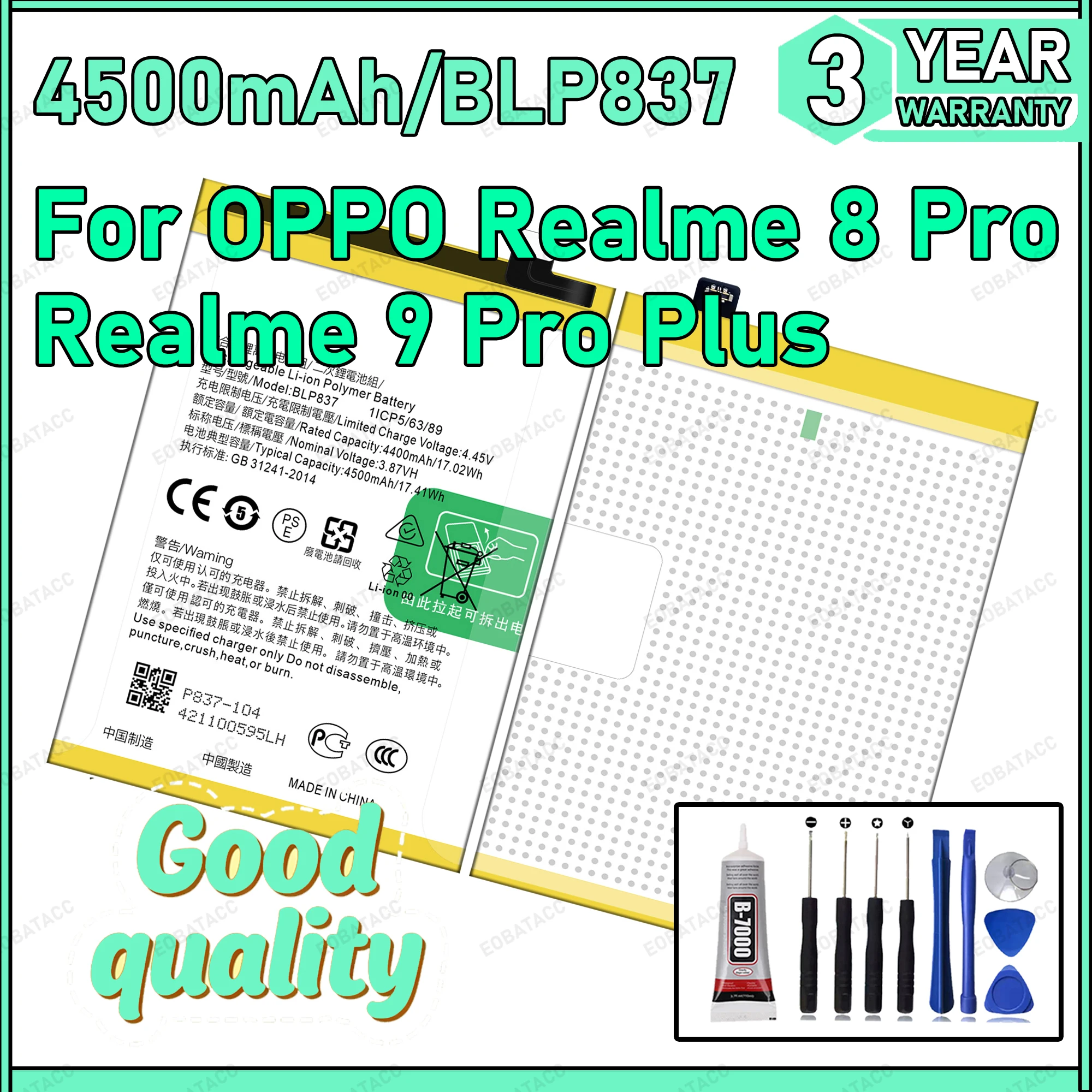 

100% New Zero Cycle BLP837 Battery For OPPO Realme 8 Pro/Realme 9 Pro Plus Battery Batteria+ Free Tools