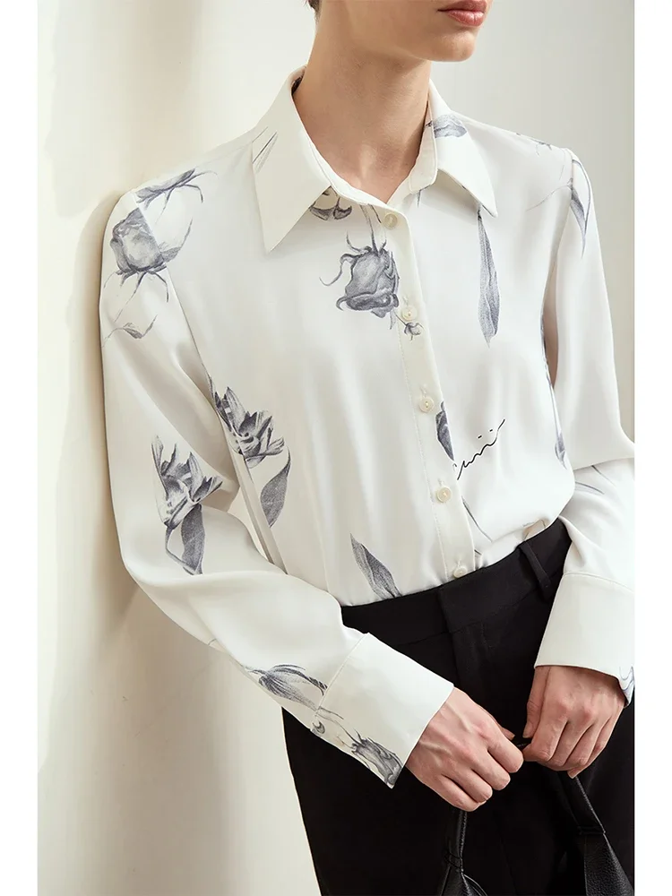 Amii Minimalism 2024 Chiffon Shirts for Women Autumn New Romantic Holiday Style Lapel Rose Print Loose Elegant Blouses 12423037