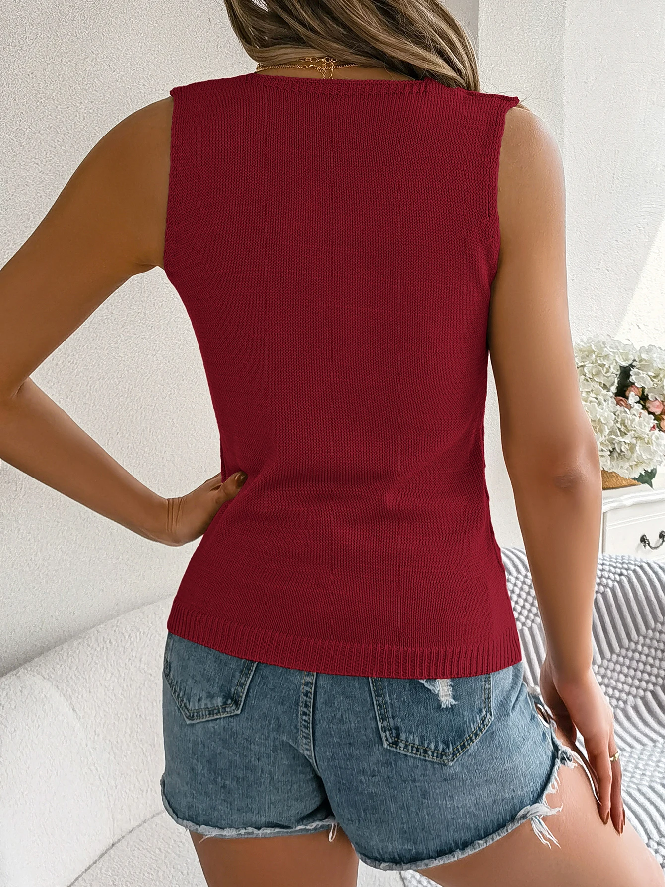 Elegant Button Knitted Vest V-neck Sleeveless Hollow Out Spring and Summer Tops for Women