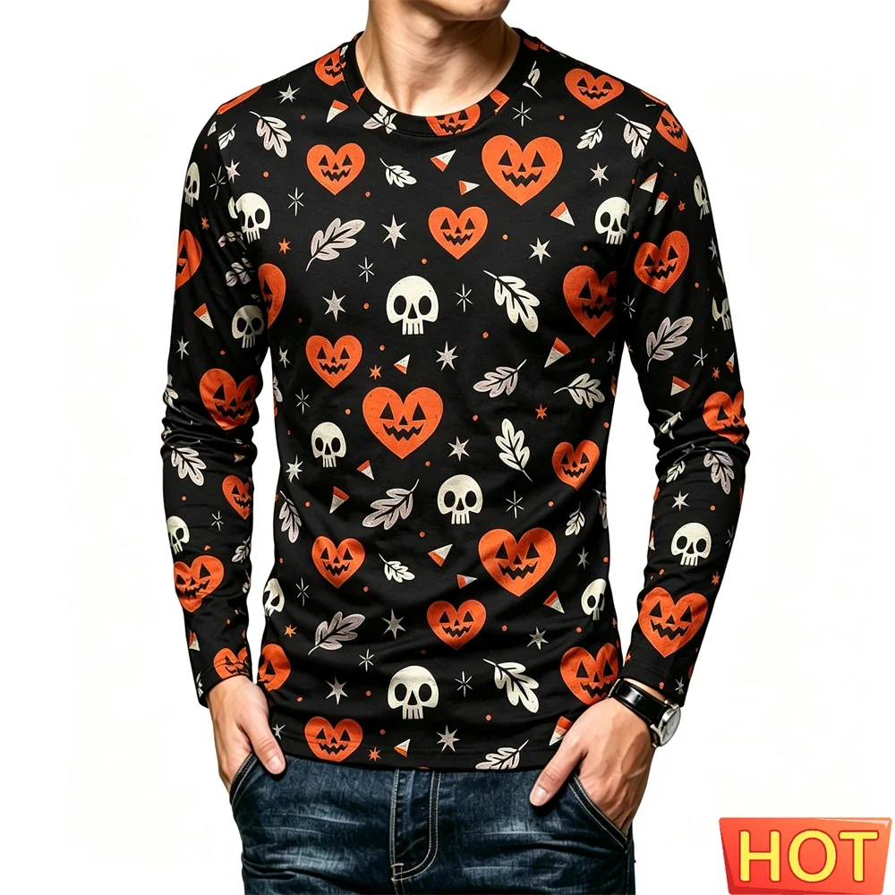 Men Polyester Long Sleeve T-shirt 3D Print Halloween Trick Or Treat Ghost Pumpkin Tombstone Bat All Over Print Tops
