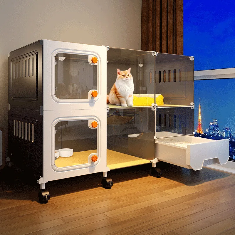 

Large Cat Cage with Built-in Litter Box Drawer for Cats One-Room One-Hall One-Bathroom Cat House Cat Villa