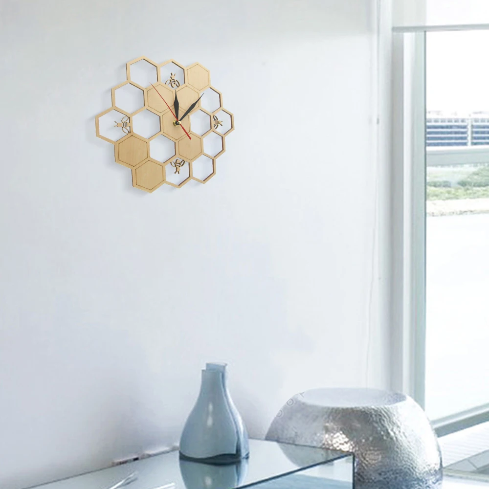 Premium-Cut Wood Clock Honey Bee On Honey Comb Hexagon Nature Watch Wall Clock Geometric Kitchen Art Decor